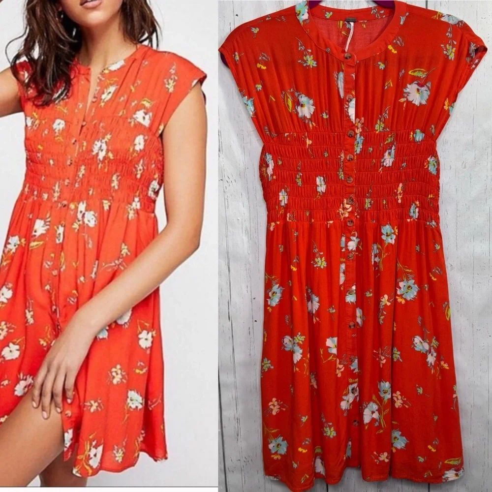 Free People Orange Floral Smocked Waist Mini Dress Boho Button S Romantic